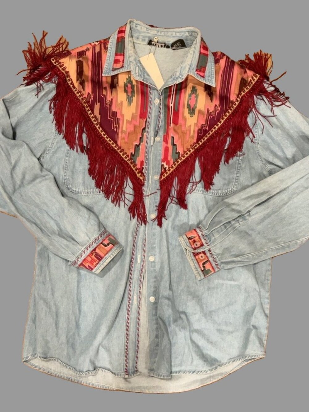 Handmade Retro Chambray Western Shirt Aztec Yoke Red Fringe